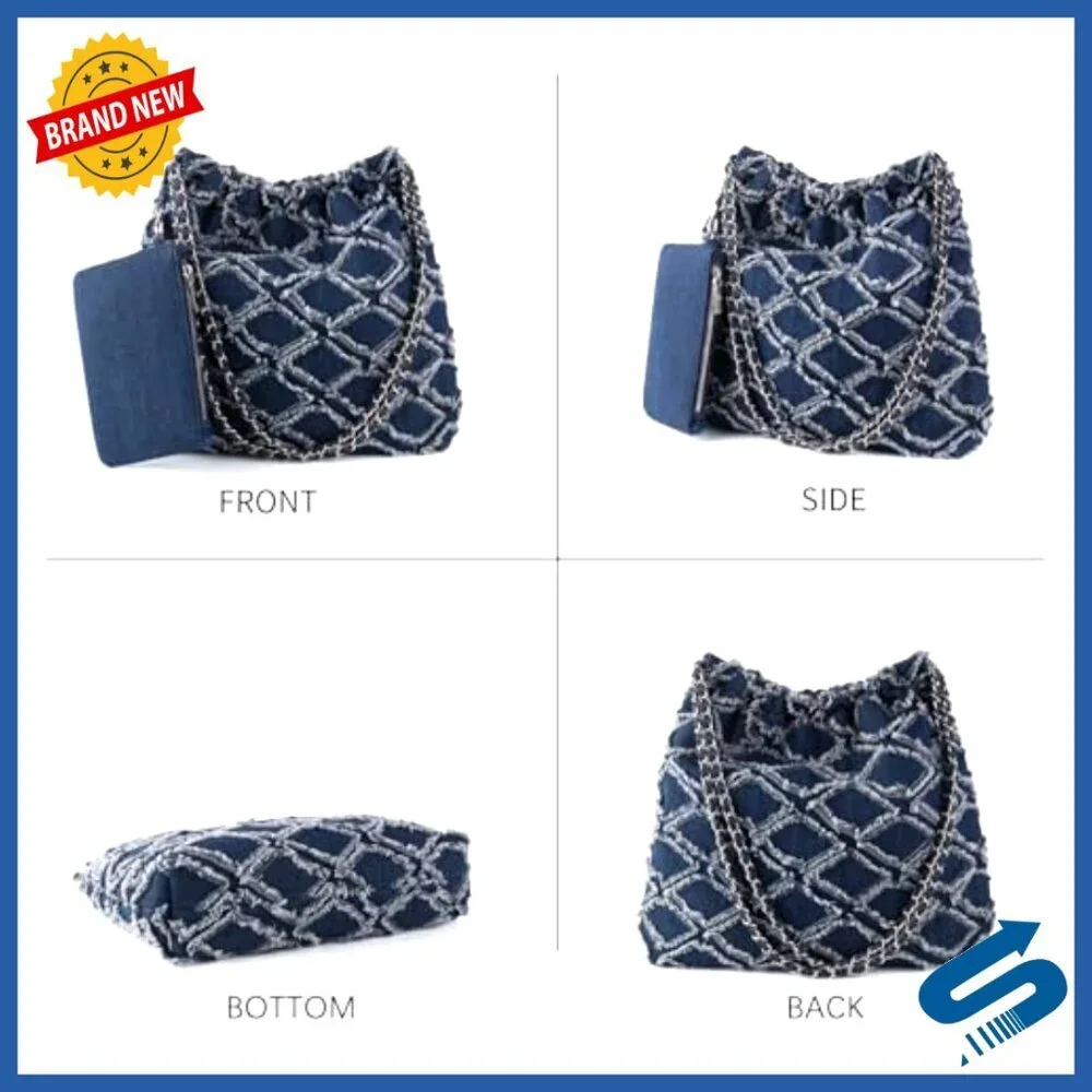 Large Quilted Denim Tote Bag with Chain Strap and Wallet